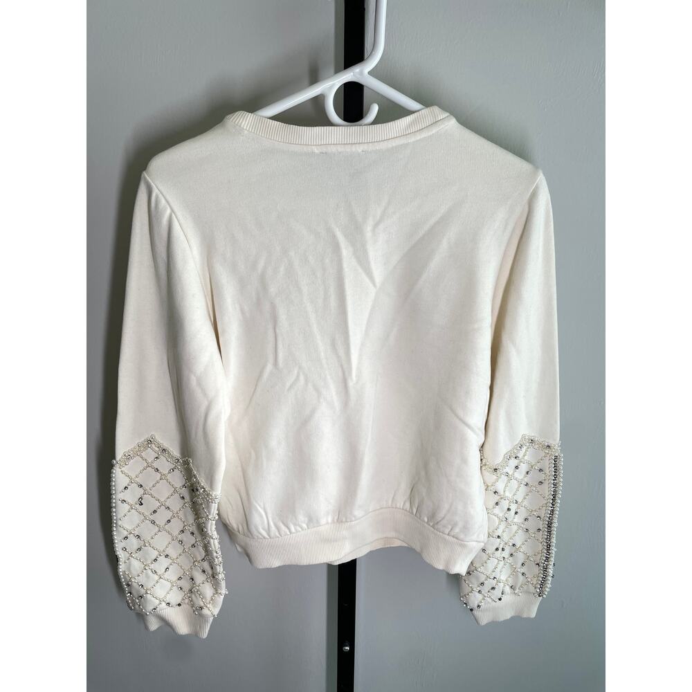 NEW Express Embellished Sweatshirt Womens S Ivory Rhinestone & Faux Pearl Crew - Picture 5 of 11